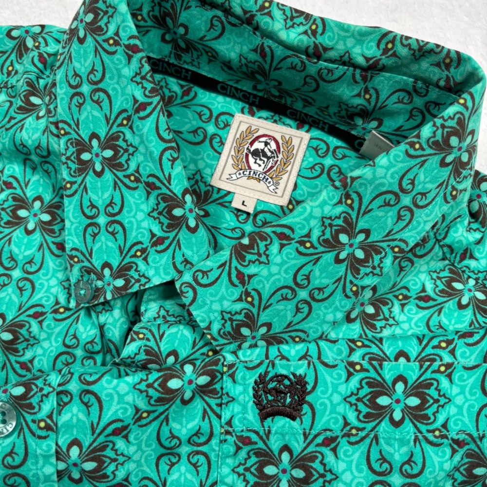 Cinch Western Shirt Mens L Teal Brown Geometric Long Sleeve Rodeo Cowboy Pocket